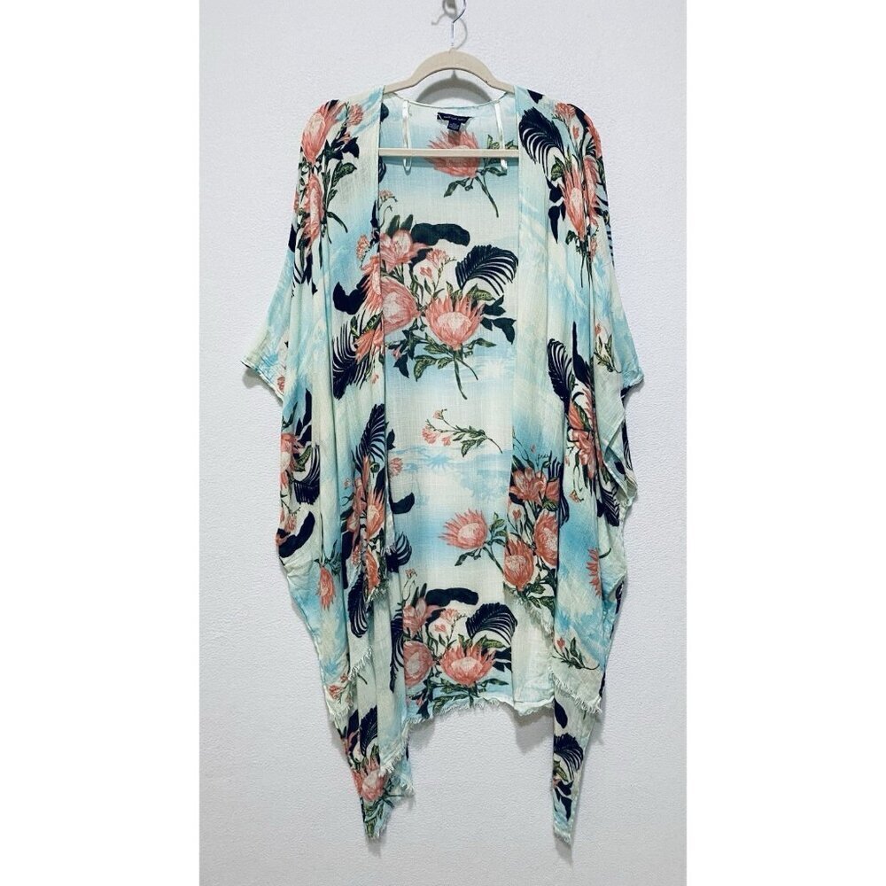 American Eagle Top Womens One Size Boho Floral Kimono Fringe Hem Beachy Hawaiian - Picture 2 of 9